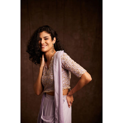 Label Gayatri Bishnoi Lavender Ombre Pre-Draped Saree with Stitched Blouse