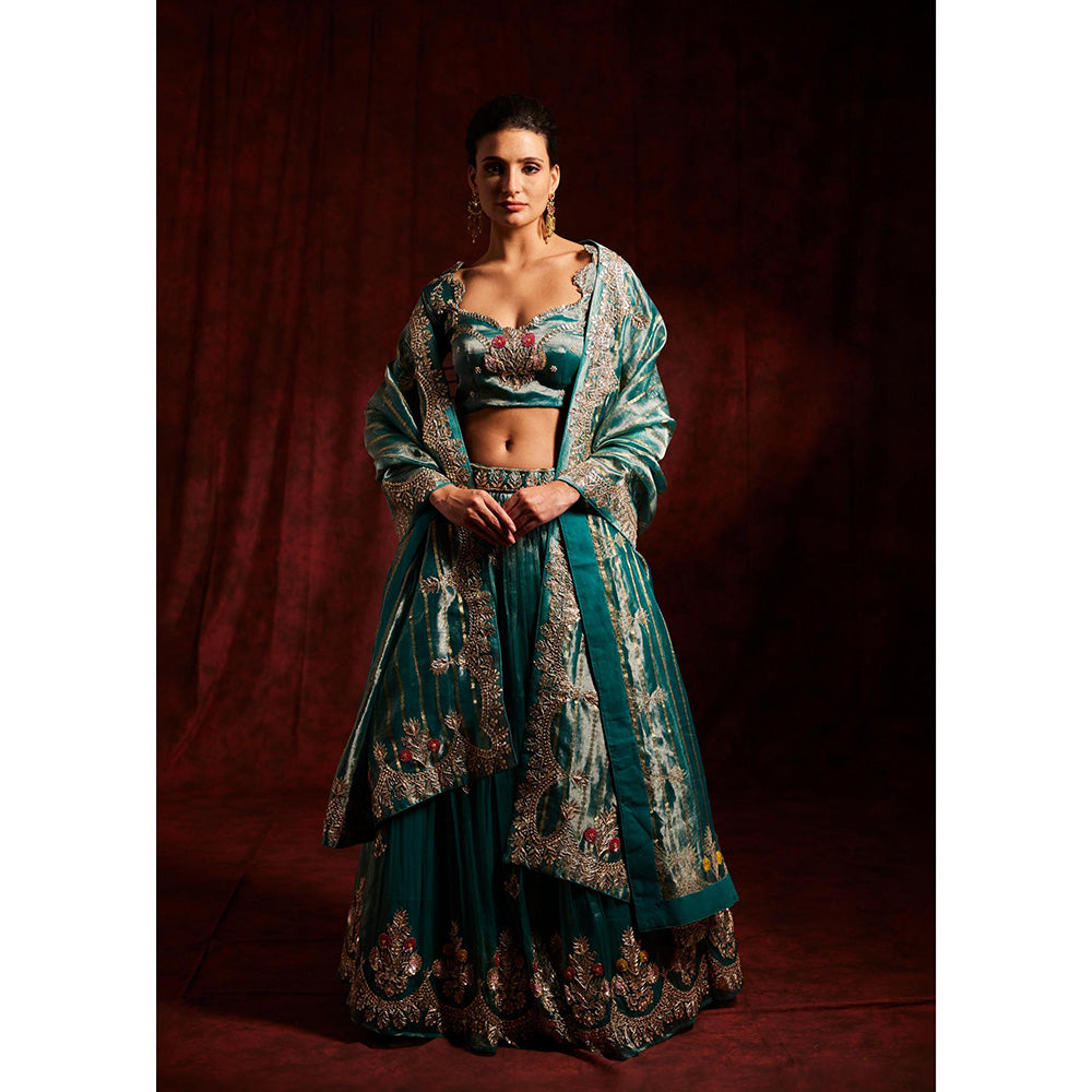 Label Gayatri Bishnoi Teal Blue Gota Patti Tissue Lehenga with Blouse and Dupatta (Set of 3)