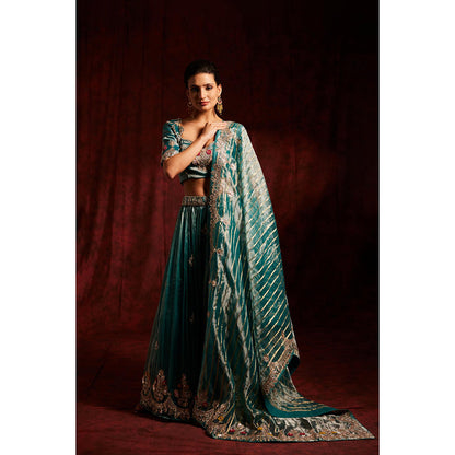 Label Gayatri Bishnoi Teal Blue Gota Patti Tissue Lehenga with Blouse and Dupatta (Set of 3)