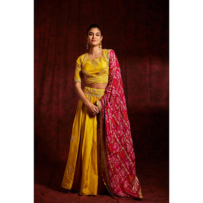 Label Gayatri Bishnoi Yellow Sunahra Gharchola Lehenga with Blouse and Dupatta (Set of 3)