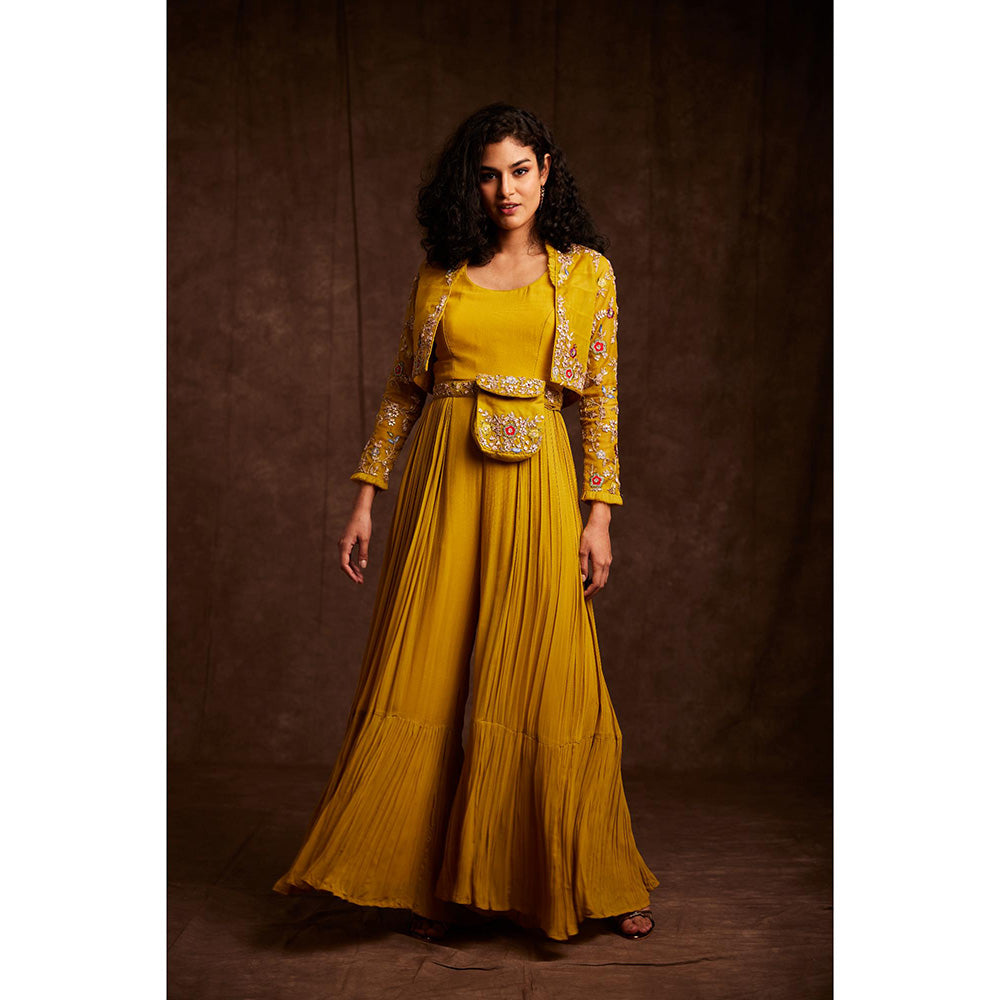 Label Gayatri Bishnoi Mustard Fit and Flared Yellow Pouch Bag Belt with Jumpsuit and Jacket (Set of 3)