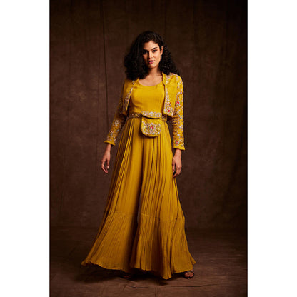 Label Gayatri Bishnoi Mustard Fit and Flared Yellow Pouch Bag Belt with Jumpsuit and Jacket (Set of 3)
