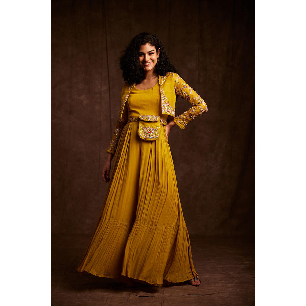 Label Gayatri Bishnoi Mustard Fit and Flared Yellow Pouch Bag Belt with Jumpsuit and Jacket (Set of 3)