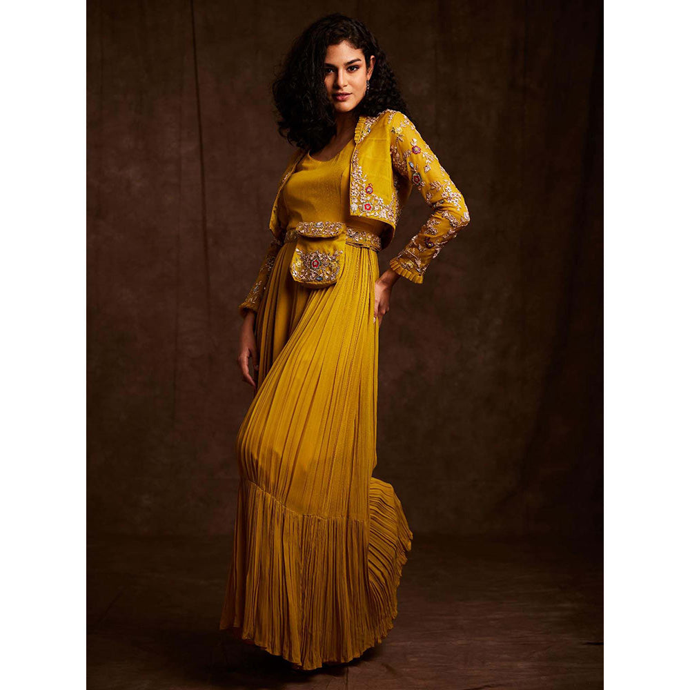 Label Gayatri Bishnoi Mustard Fit and Flared Yellow Pouch Bag Belt with Jumpsuit and Jacket (Set of 3)