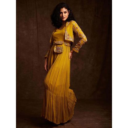 Label Gayatri Bishnoi Mustard Fit and Flared Yellow Pouch Bag Belt with Jumpsuit and Jacket (Set of 3)