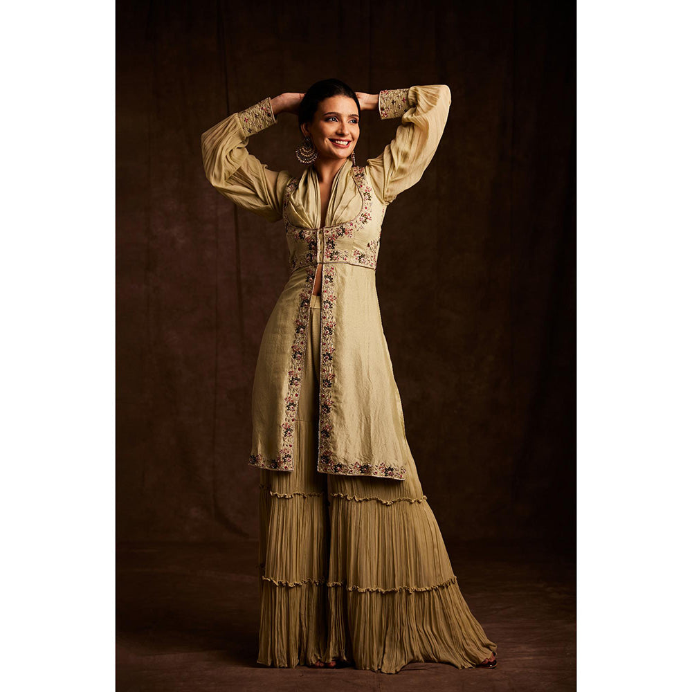 Label Gayatri Bishnoi Green Cowl Neck Kurta with Sharara and Dupatta (Set of 3)