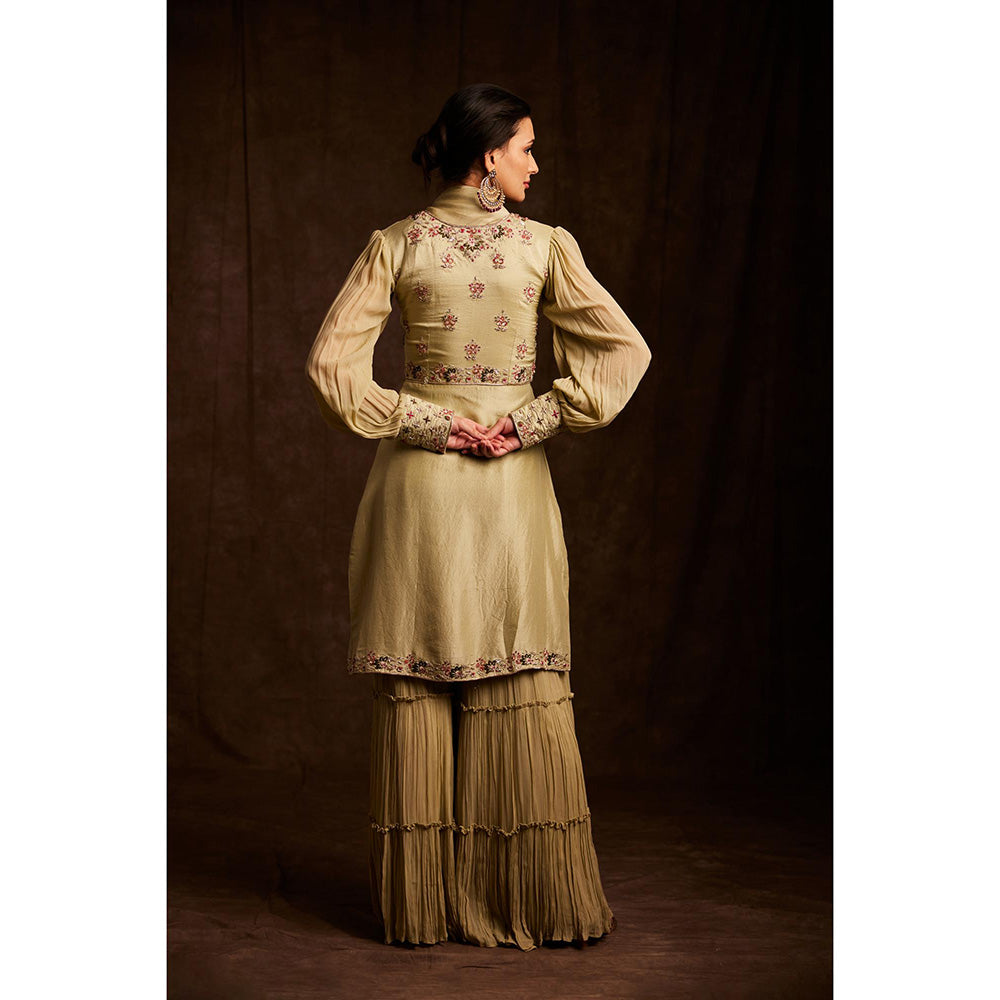 Label Gayatri Bishnoi Green Cowl Neck Kurta with Sharara and Dupatta (Set of 3)
