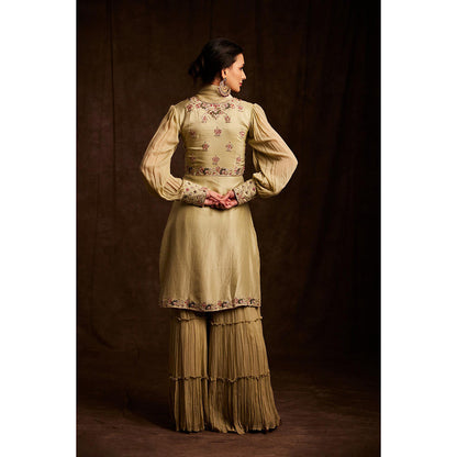 Label Gayatri Bishnoi Green Cowl Neck Kurta with Sharara and Dupatta (Set of 3)