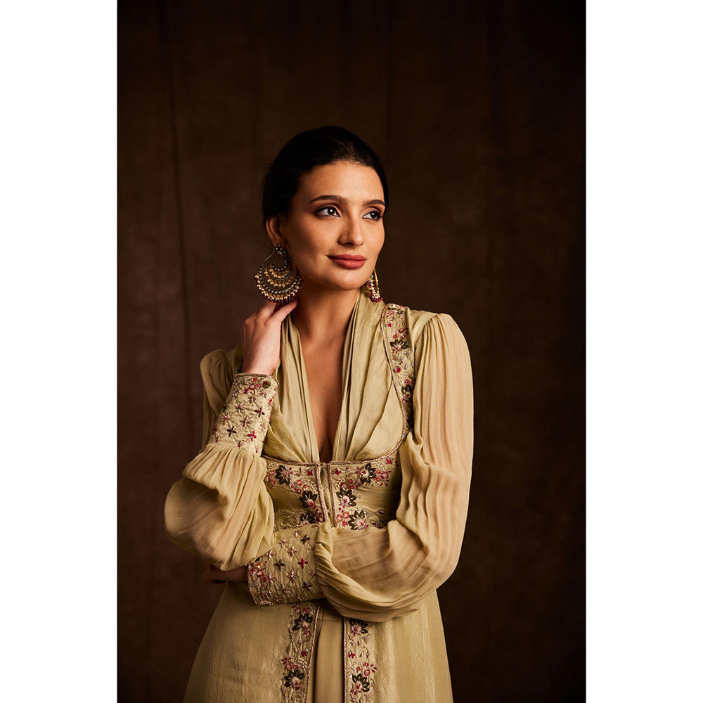 Label Gayatri Bishnoi Green Cowl Neck Kurta with Sharara and Dupatta (Set of 3)