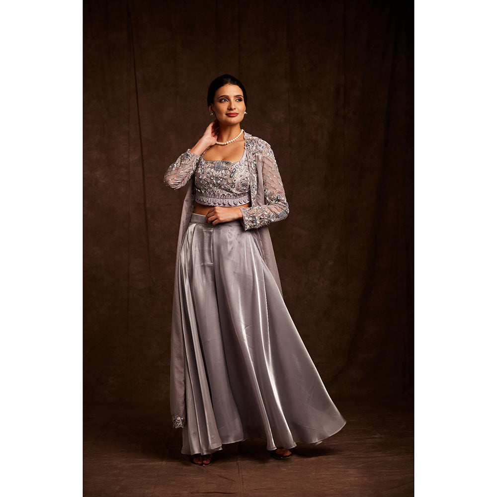 Label Gayatri Bishnoi Metallic Silver Bustier with Cape and Palazzo (Set of 3)