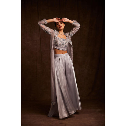 Label Gayatri Bishnoi Metallic Silver Bustier with Cape and Palazzo (Set of 3)
