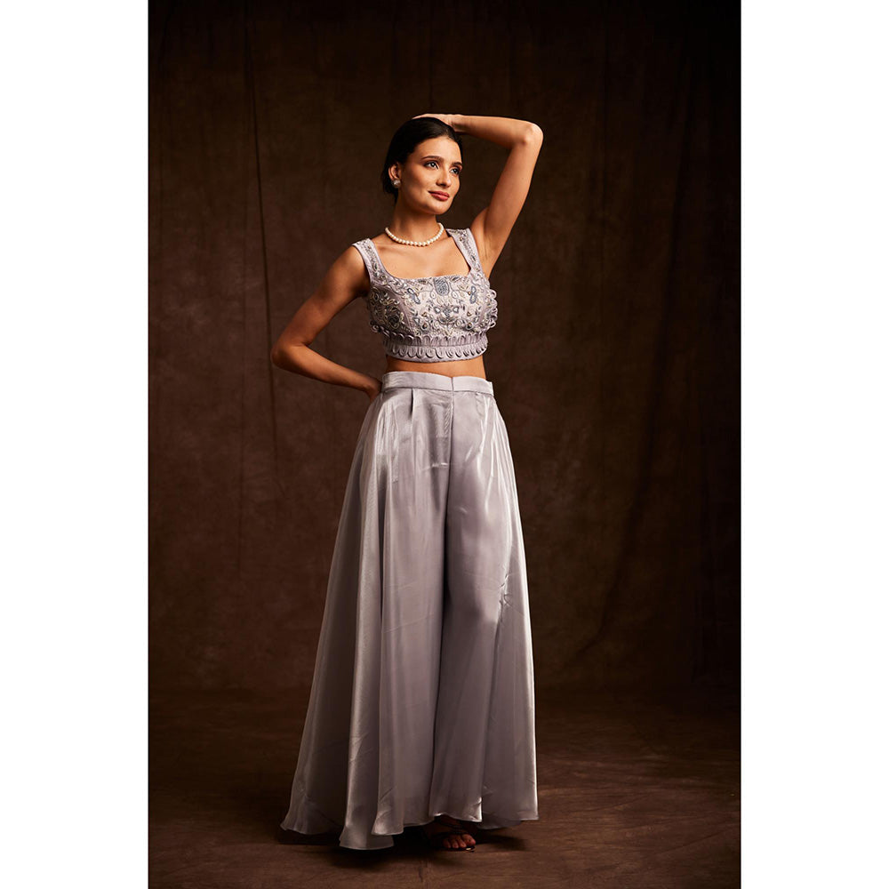 Label Gayatri Bishnoi Metallic Silver Bustier with Cape and Palazzo (Set of 3)