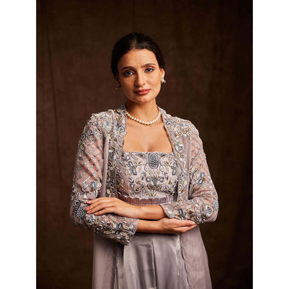 Label Gayatri Bishnoi Metallic Silver Bustier with Cape and Palazzo (Set of 3)