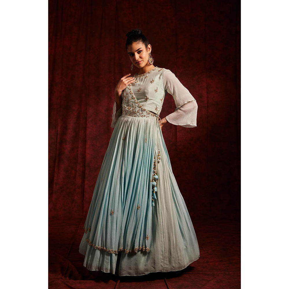 Label Gayatri Bishnoi Ice Blue Blouse with Lehenga, Jacket and Dupatta (Set of 4)