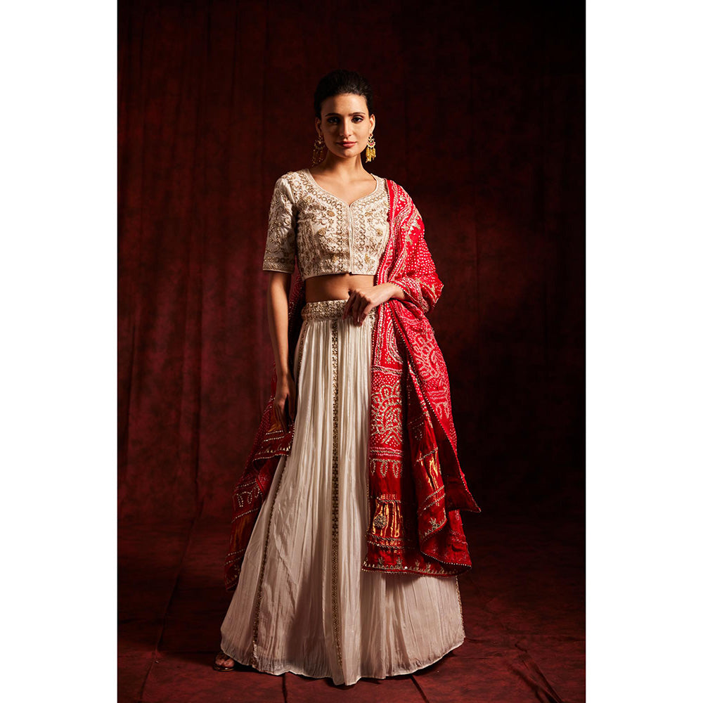 Label Gayatri Bishnoi White Sukh Bandani Lehenga with Blouse and Dupatta (Set of 3)