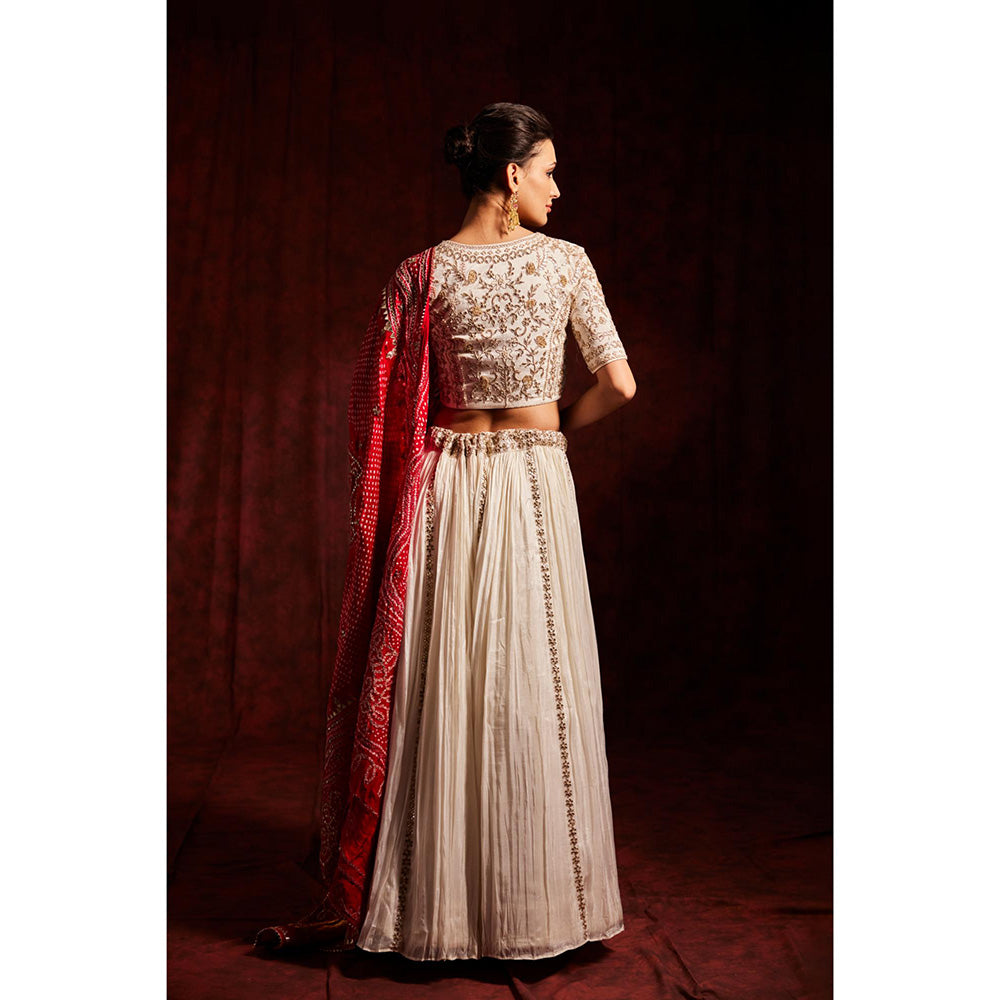 Label Gayatri Bishnoi White Sukh Bandani Lehenga with Blouse and Dupatta (Set of 3)