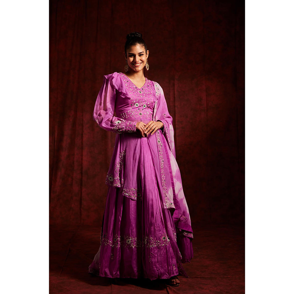 Label Gayatri Bishnoi Purple Asymmetrical Mid Slit Lehenga with Kurta and Dupatta (Set of 3)