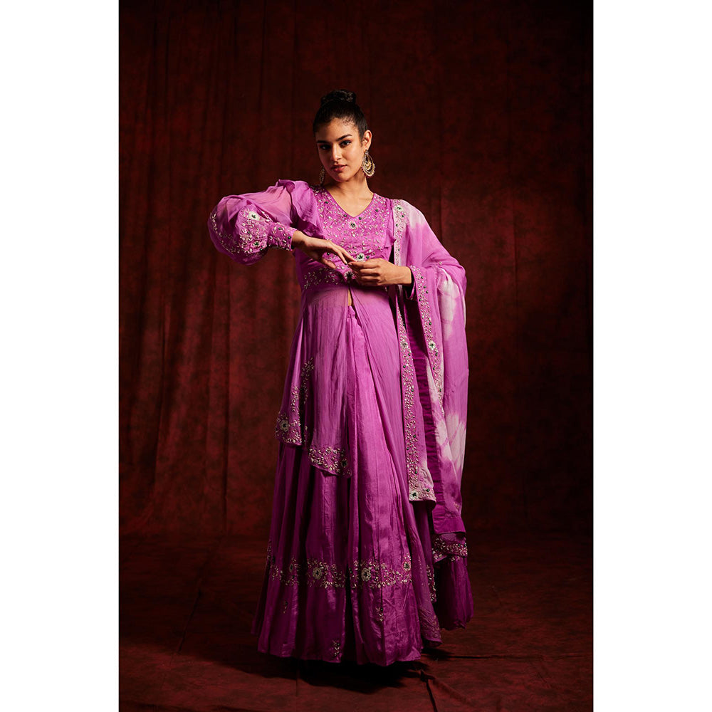 Label Gayatri Bishnoi Purple Asymmetrical Mid Slit Lehenga with Kurta and Dupatta (Set of 3)