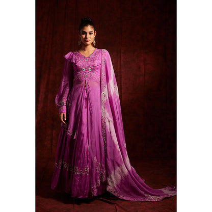Label Gayatri Bishnoi Purple Asymmetrical Mid Slit Lehenga with Kurta and Dupatta (Set of 3)