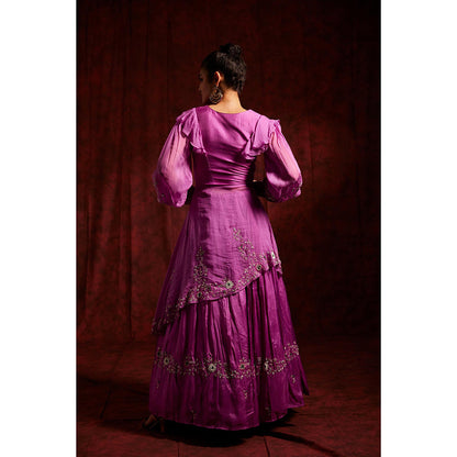 Label Gayatri Bishnoi Purple Asymmetrical Mid Slit Lehenga with Kurta and Dupatta (Set of 3)