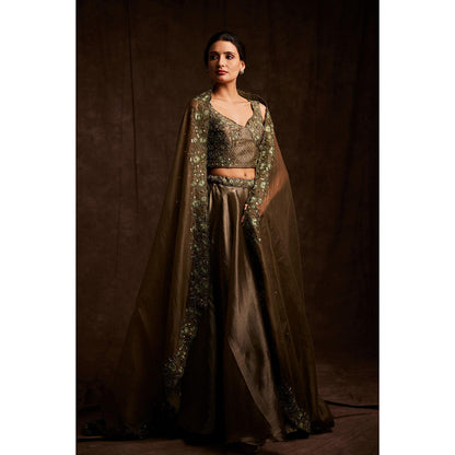 Label Gayatri Bishnoi Molten Green Lehenga with Blouse and Dupatta (Set of 3)
