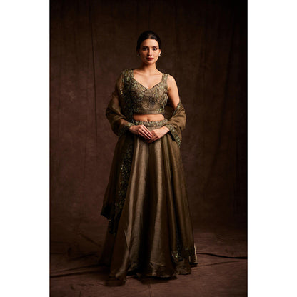 Label Gayatri Bishnoi Molten Green Lehenga with Blouse and Dupatta (Set of 3)