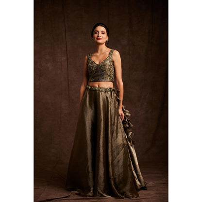 Label Gayatri Bishnoi Molten Green Lehenga with Blouse and Dupatta (Set of 3)
