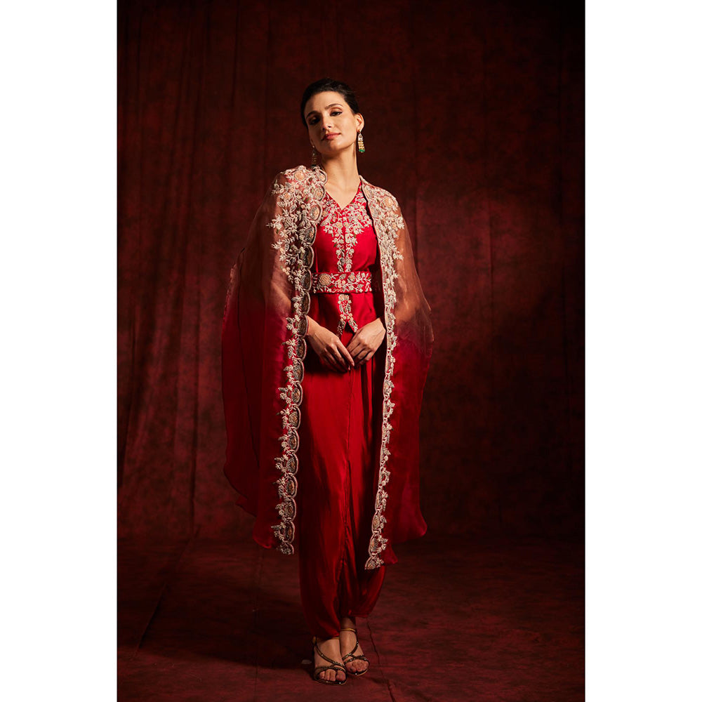 Label Gayatri Bishnoi Raub Red Ombre Cape with Top, Dhoti Pant and Belt (Set of 3)