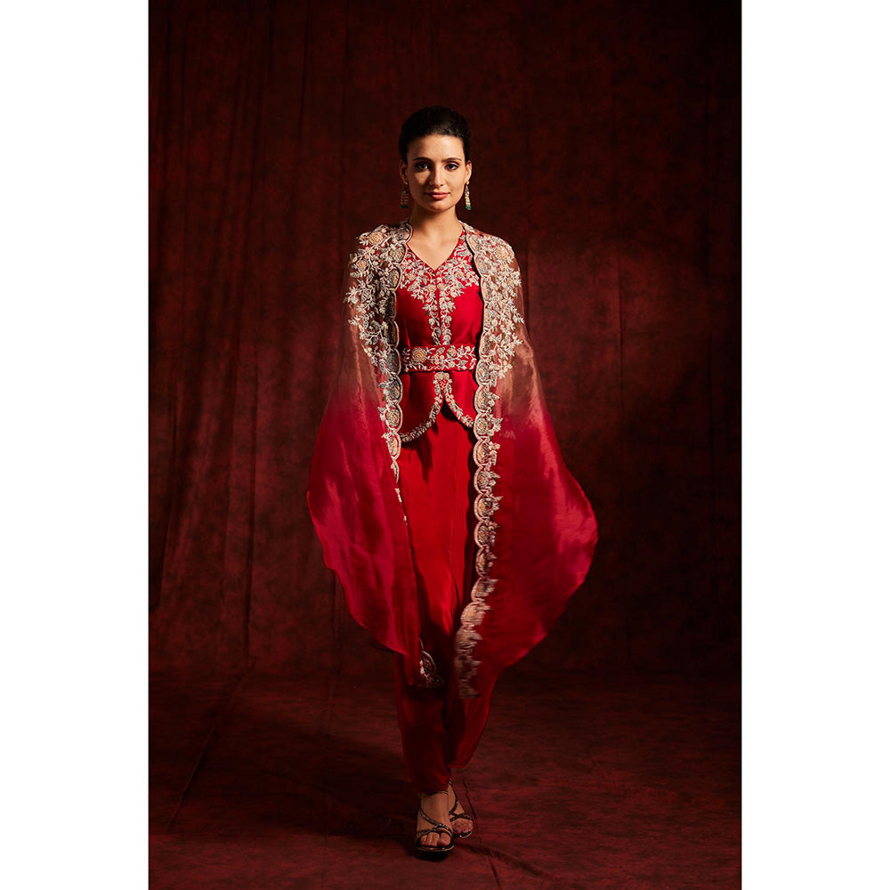 Label Gayatri Bishnoi Raub Red Ombre Cape with Top, Dhoti Pant and Belt (Set of 3)