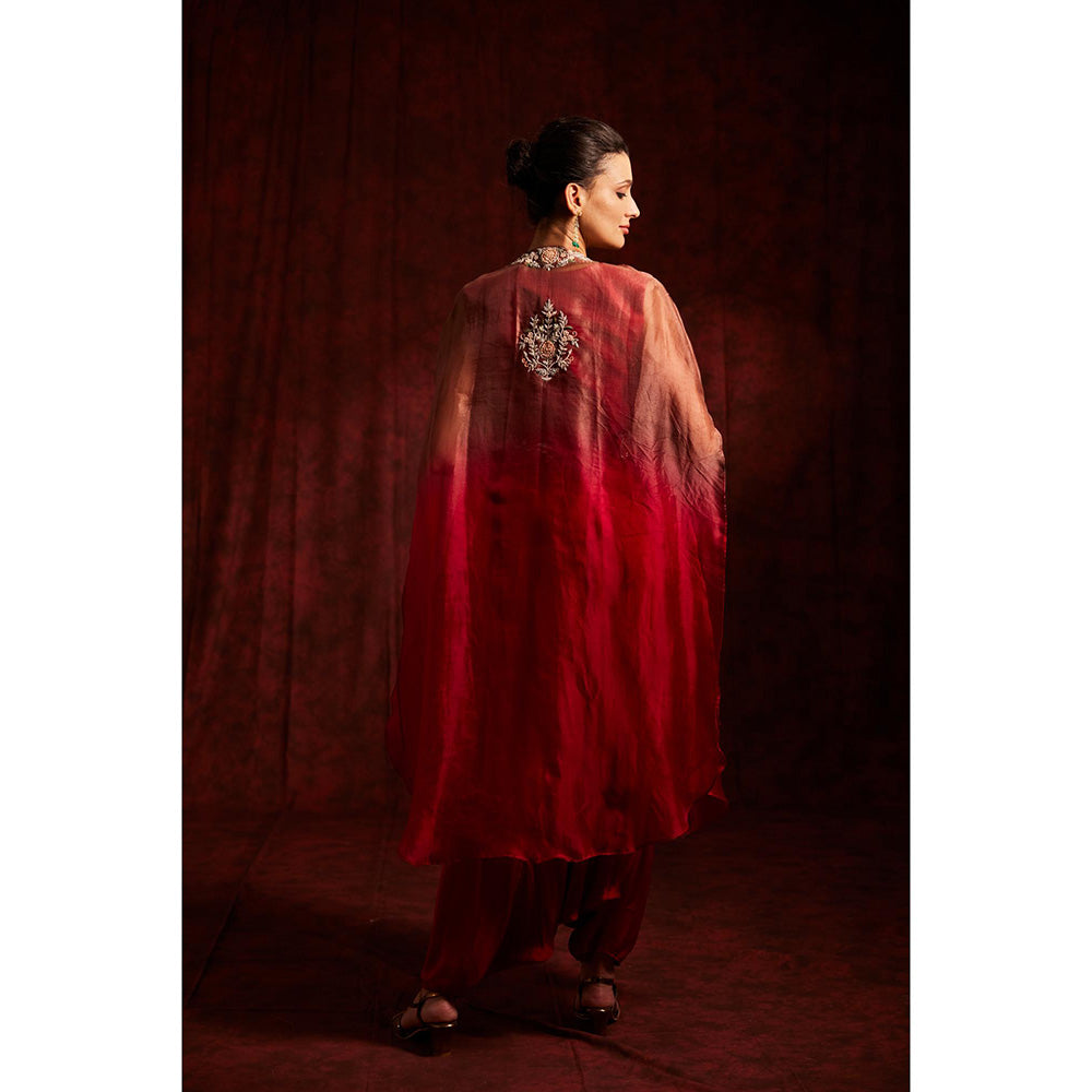 Label Gayatri Bishnoi Raub Red Ombre Cape with Top, Dhoti Pant and Belt (Set of 3)