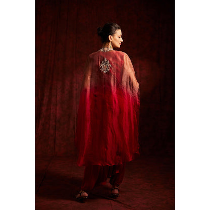 Label Gayatri Bishnoi Raub Red Ombre Cape with Top, Dhoti Pant and Belt (Set of 3)