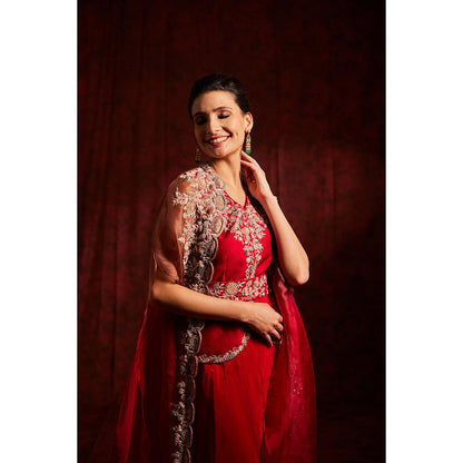 Label Gayatri Bishnoi Raub Red Ombre Cape with Top, Dhoti Pant and Belt (Set of 3)