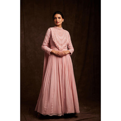 Label Gayatri Bishnoi Pink Flamingo Cape with Drape Gown and Belt (Set of 3)