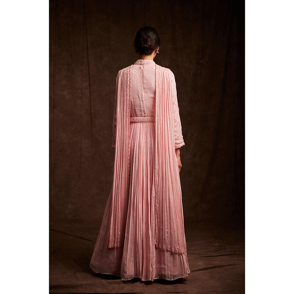 Label Gayatri Bishnoi Pink Flamingo Cape with Drape Gown and Belt (Set of 3)