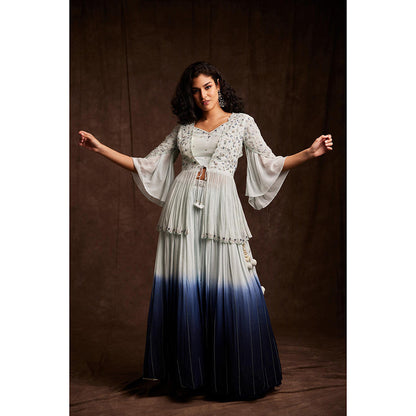Label Gayatri Bishnoi Blue Ambani Ombre Peplum Top with Lehenga and Dupatta (Set of 3)