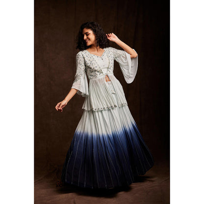 Label Gayatri Bishnoi Blue Ambani Ombre Peplum Top with Lehenga and Dupatta (Set of 3)