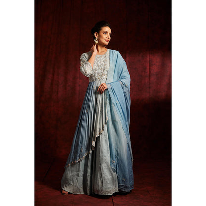Label Gayatri Bishnoi Blue Afghani Lehenga with Peplum Top and Dupatta (Set of 3)