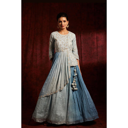 Label Gayatri Bishnoi Blue Afghani Lehenga with Peplum Top and Dupatta (Set of 3)