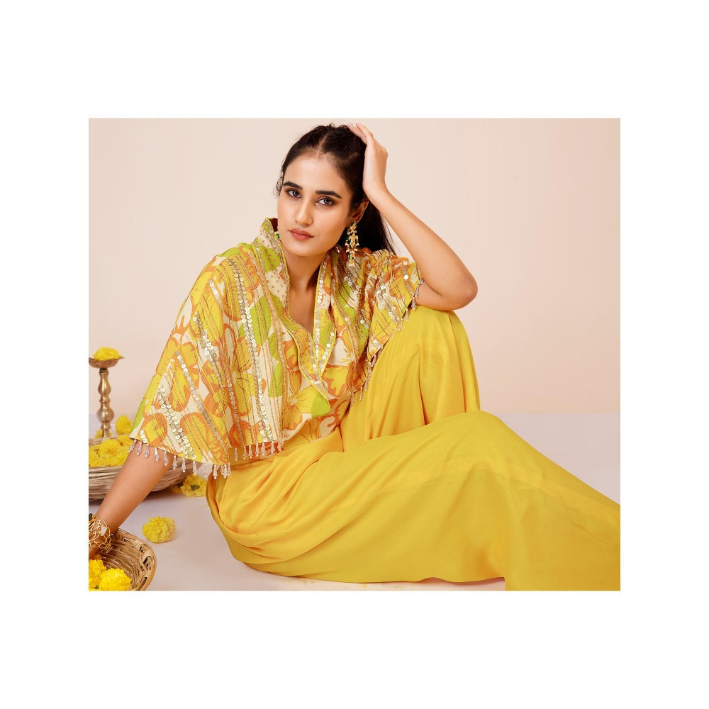 LABEL NIYAMI Yellow Sunflower Cape Top with Pant