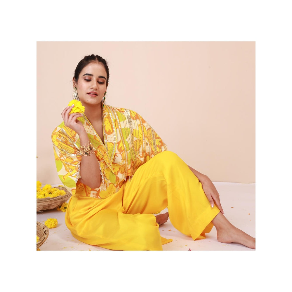 LABEL NIYAMI Yellow Sunflower Cape Top with Pant