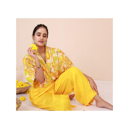 LABEL NIYAMI Yellow Sunflower Cape Top with Pant
