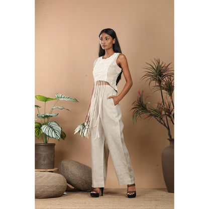 LABEL NIYAMI Off White Fringes Crop Top with Pant