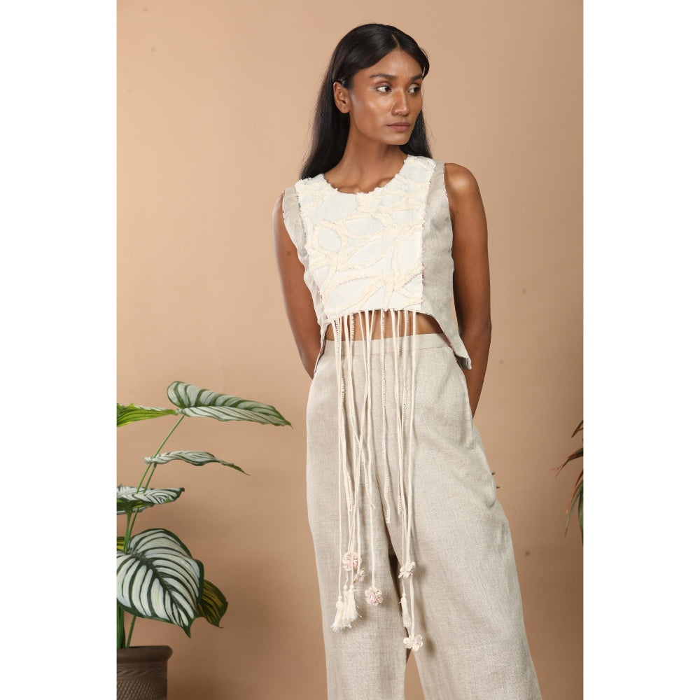 LABEL NIYAMI Off White Fringes Crop Top with Pant
