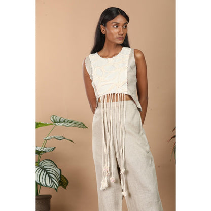 LABEL NIYAMI Off White Fringes Crop Top with Pant