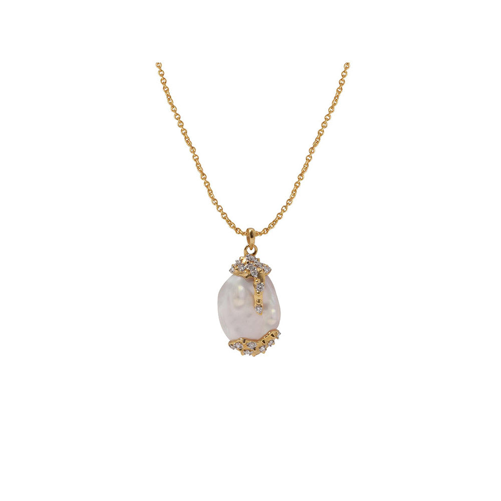 La marque-M White Diamond Engraved Pearl Necklace