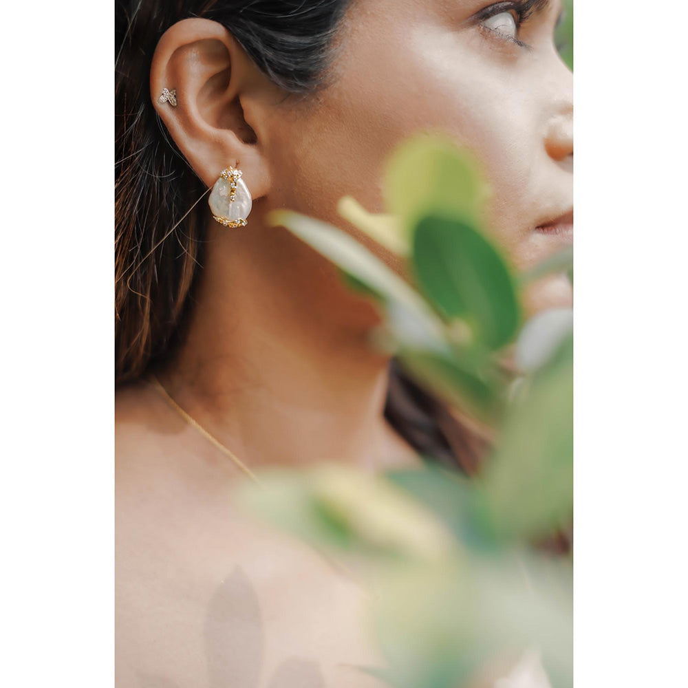 La marque-M White Diamond Engraved Pearl Earrings