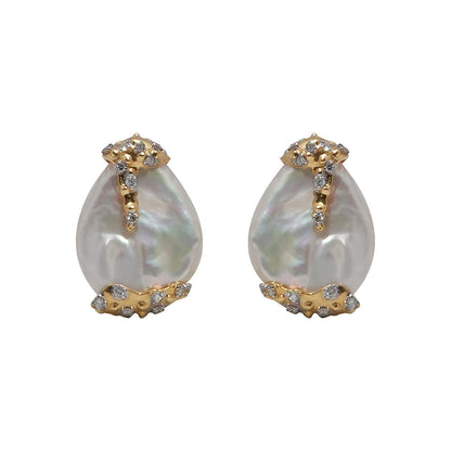 La marque-M White Diamond Engraved Pearl Earrings