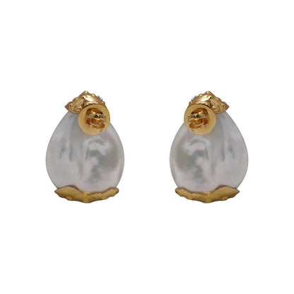 La marque-M White Diamond Engraved Pearl Earrings