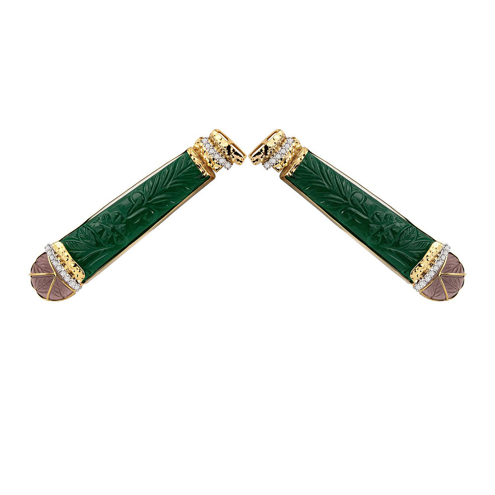 La marque-M Green Stone Carved Diamond Earrings