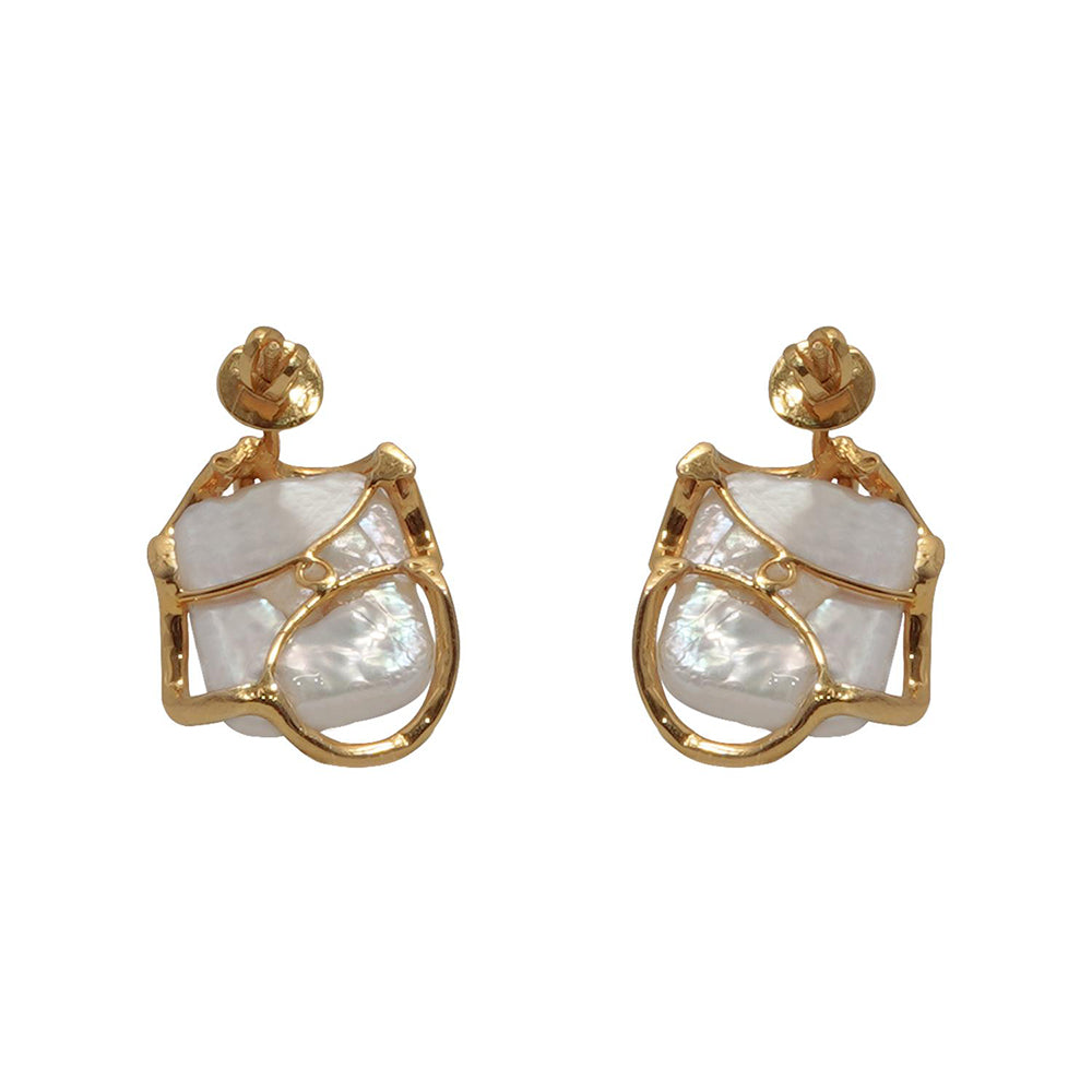 La marque-M White Diamond Leaf Gold Pearl Earrings